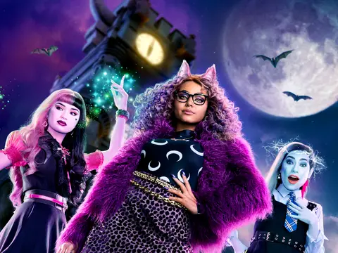 Clawdeen Wolf played by Mila Harris, Frankie Stein played by Ceci Balagot, and Draculaura played by Nayah Damasen. 