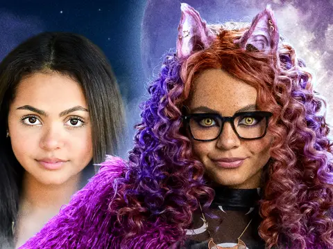 Side by side photo of Miia Harris and her character in the movie, Clawdeen Wolf